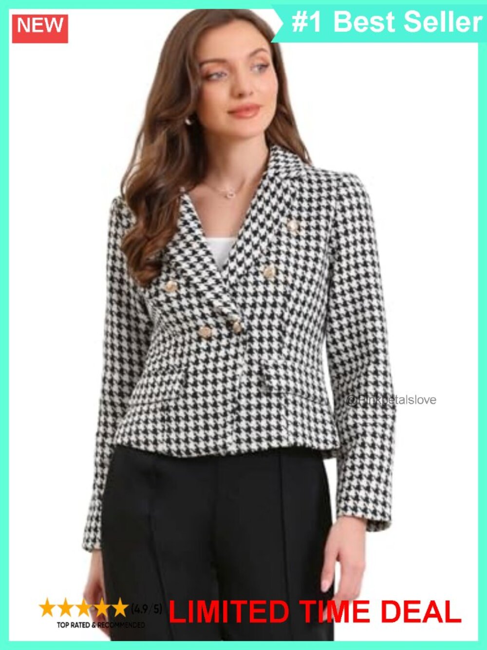 Houndstooth Cropped Blazer Tweed Business Casual Suit Jacket